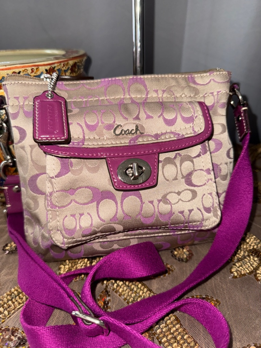 Coach Beige Canvas Crossbody with Fuchsia Trim